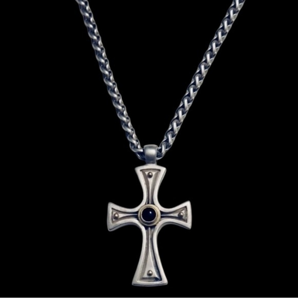 KONSTANTINO Silver,Gold,Onyx Cross Pendant on 20" 4mm Wheat Chain .925 Necklace